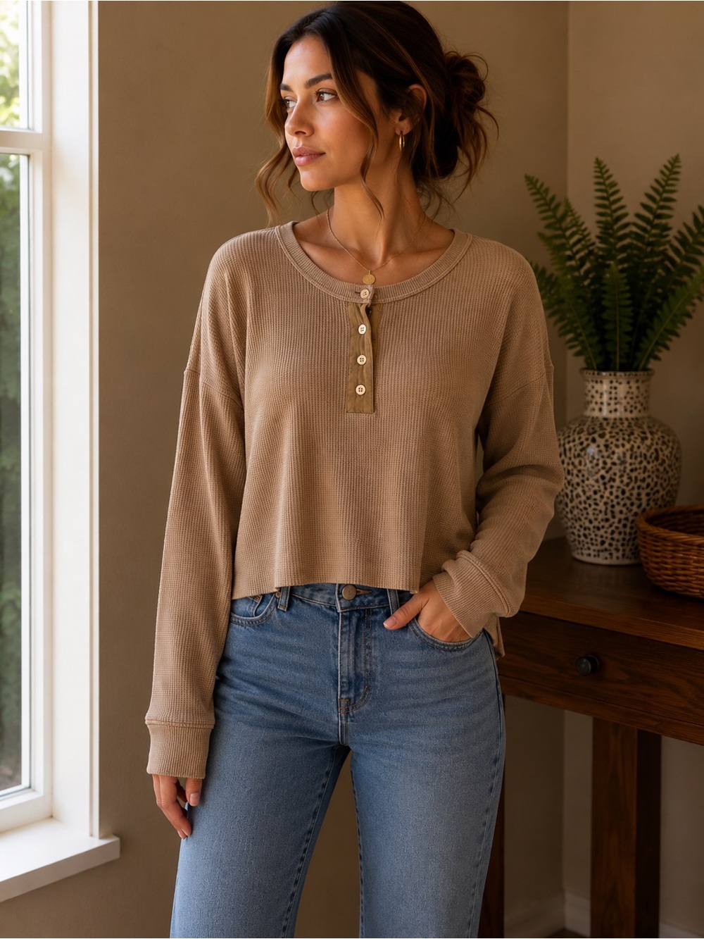 American Eagle Outfitters Women's Camel Waffle-Knit Henley Long Sleeve Top